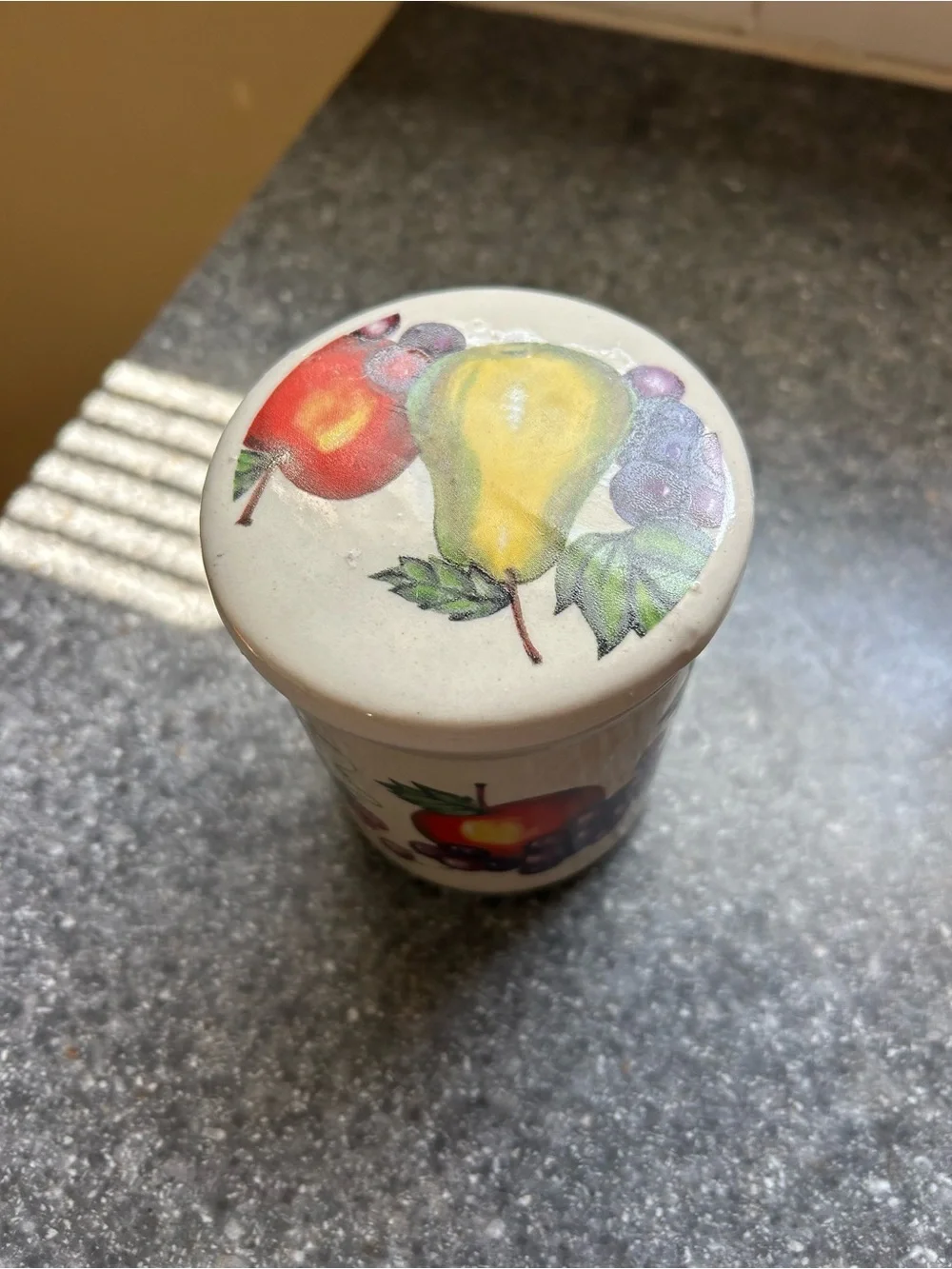 Vintage Ceramic Fruit Canister in White with Red, Yellow and Purple Fruit Motif
